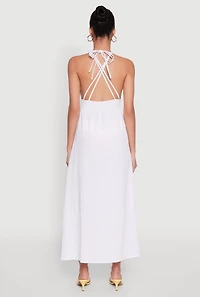 Womens Trendy Plunge Halter Tie Maxi Dress with Criss Cross Back Straps, White, Size S