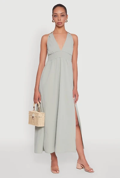 Womens Trendy Plunge Halter Tie Maxi Dress with Criss Cross Back Straps,