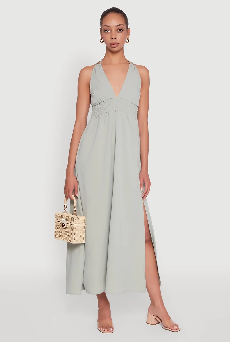 Womens Trendy Plunge Halter Tie Maxi Dress with Criss Cross Back Straps, Green, Size M