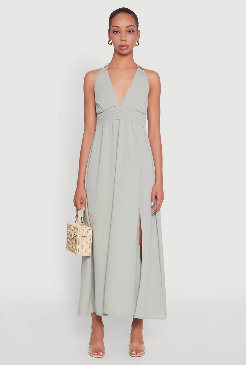 Womens Trendy Plunge Halter Tie Maxi Dress with Criss Cross Back Straps, Green,