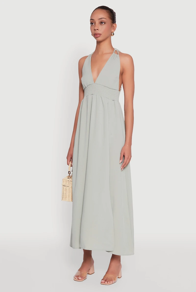 Womens Trendy Plunge Halter Tie Maxi Dress with Criss Cross Back Straps, Green, Size M