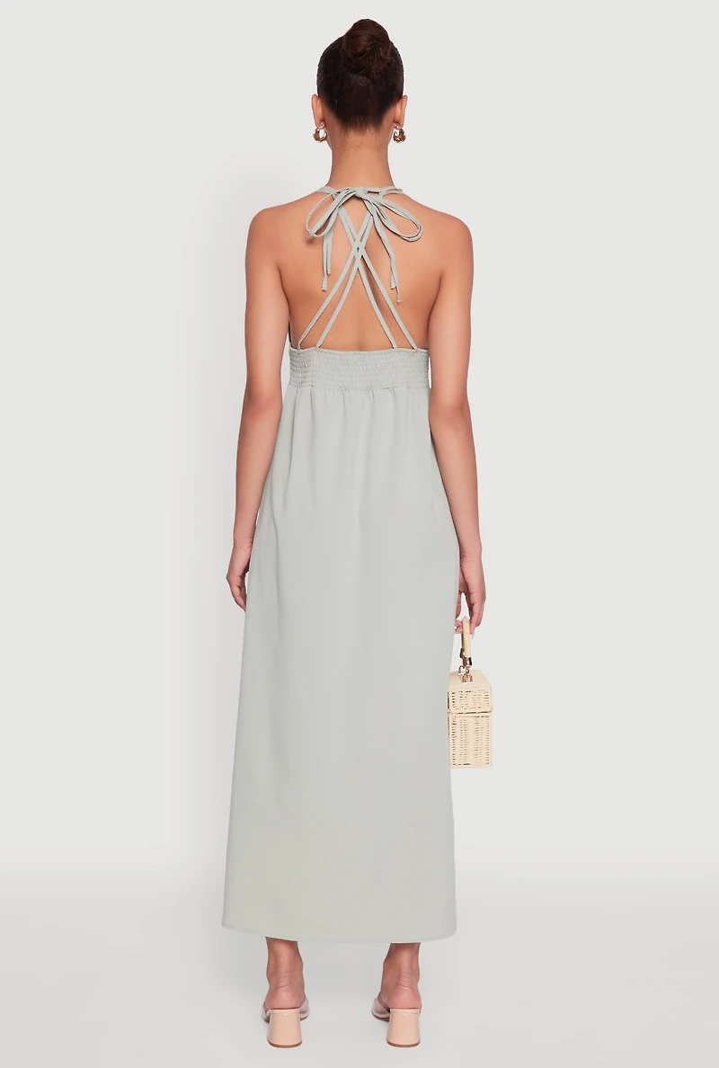Womens Trendy Plunge Halter Tie Maxi Dress with Criss Cross Back Straps, Green,