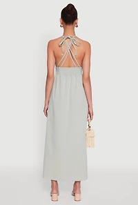 Womens Trendy Plunge Halter Tie Maxi Dress with Criss Cross Back Straps, Green,