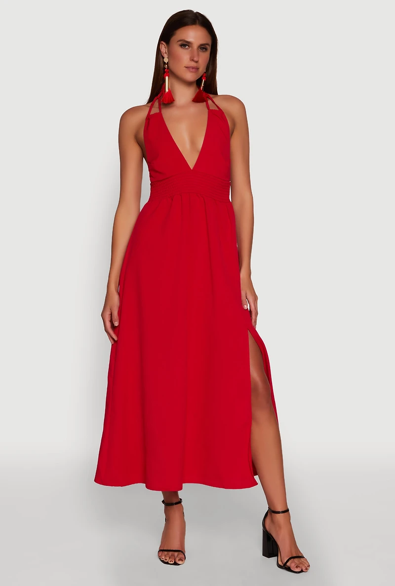 Trendy Plunge Halter Tie Maxi Dress with Criss Cross Back Straps