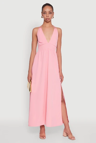 Womens Trendy Plunge Halter Tie Maxi Dress with Criss Cross Back Straps,