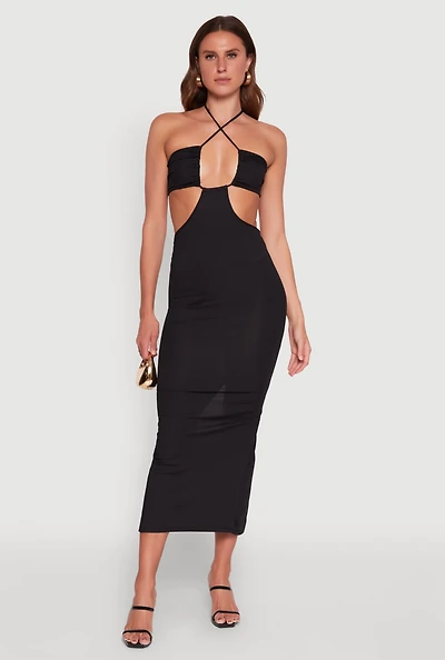 Stylish Ribbed Knit Keyhole Halter Maxi Dress