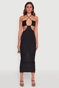 Womens Stylish Ribbed Knit Keyhole Halter Sundress,