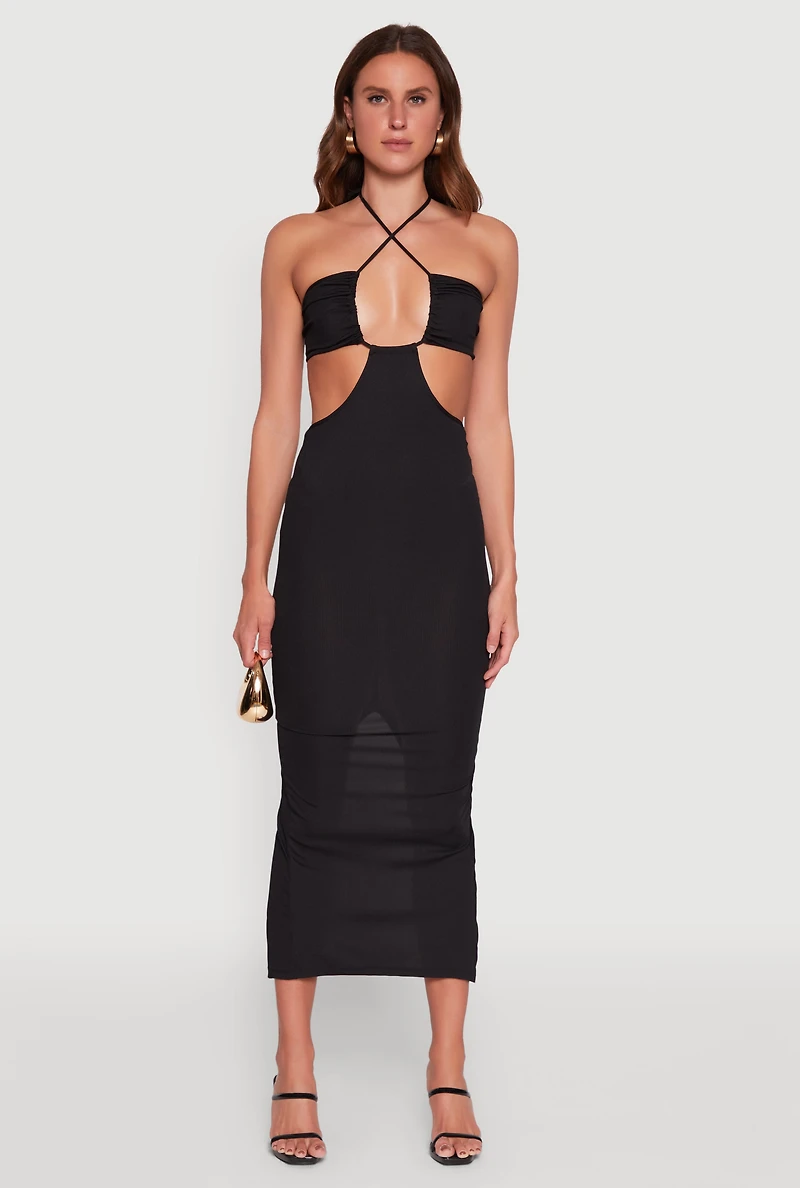 Stylish Ribbed Knit Keyhole Halter Maxi Dress