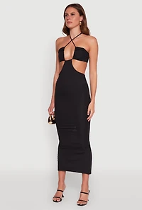 Stylish Ribbed Knit Keyhole Halter Maxi Dress