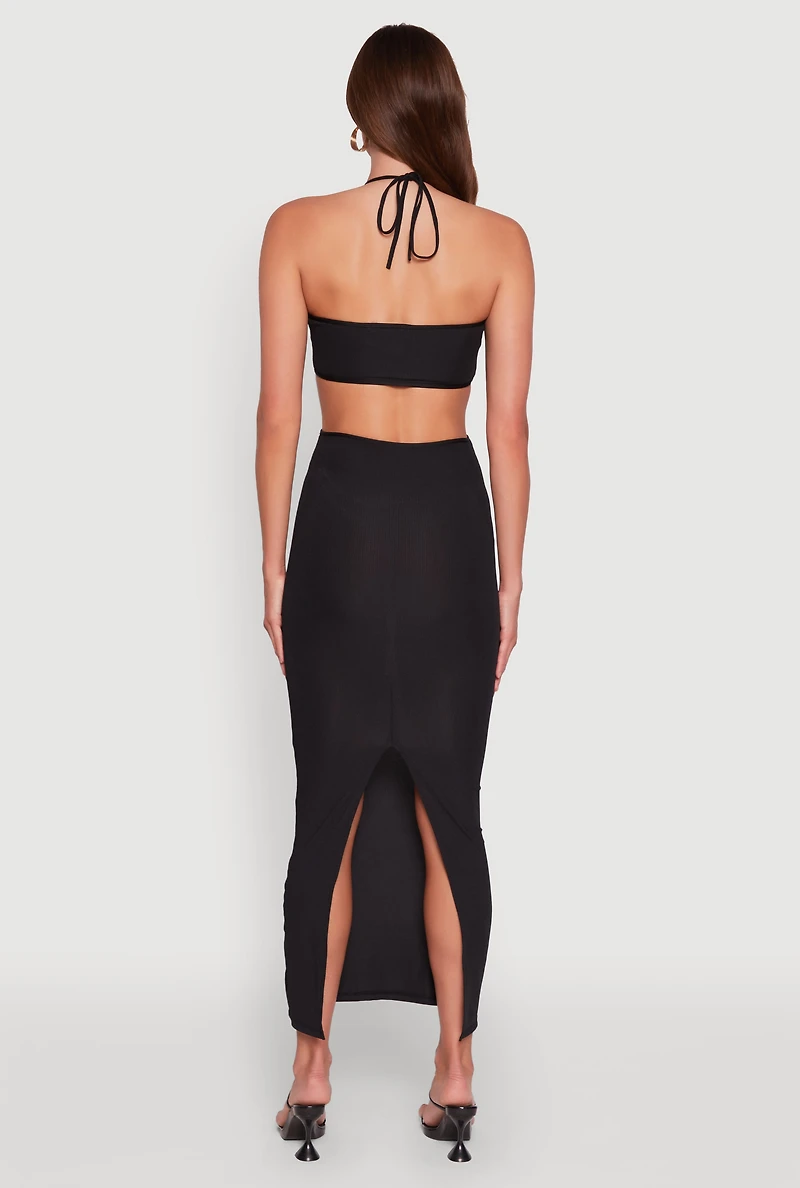 Stylish Ribbed Knit Keyhole Halter Maxi Dress