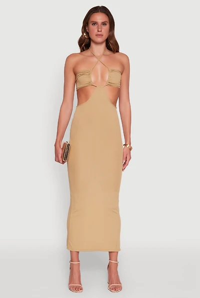 Womens Stylish Ribbed Knit Keyhole Halter Maxi Dress,