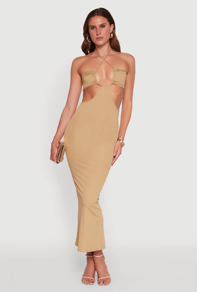 Womens Stylish Ribbed Knit Keyhole Halter Sundress, Beige, Size M