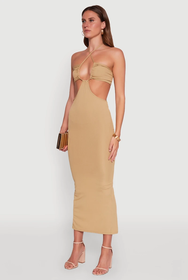 Womens Stylish Ribbed Knit Keyhole Halter Sundress, Beige, Size M