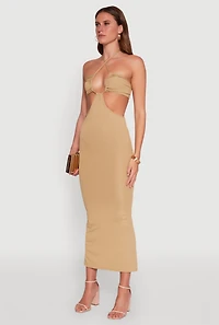 Womens Stylish Ribbed Knit Keyhole Halter Sundress, Beige, Size M