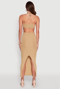 Womens Stylish Ribbed Knit Keyhole Halter Maxi Dress, M