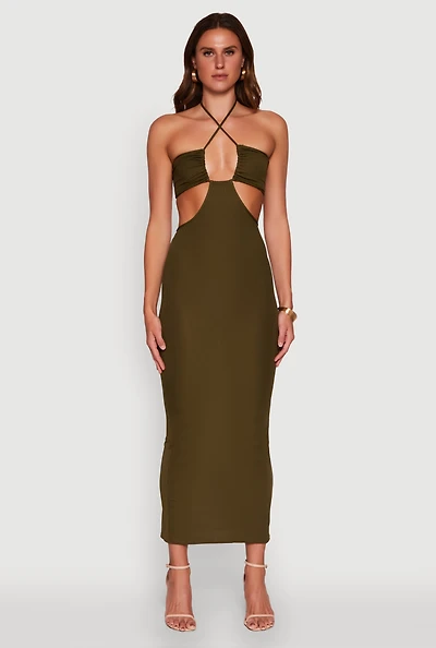 Womens Stylish Ribbed Knit Keyhole Halter Sundress, Green, Size XL