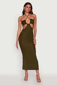 Womens Stylish Ribbed Knit Keyhole Halter Sundress, Green, Size L