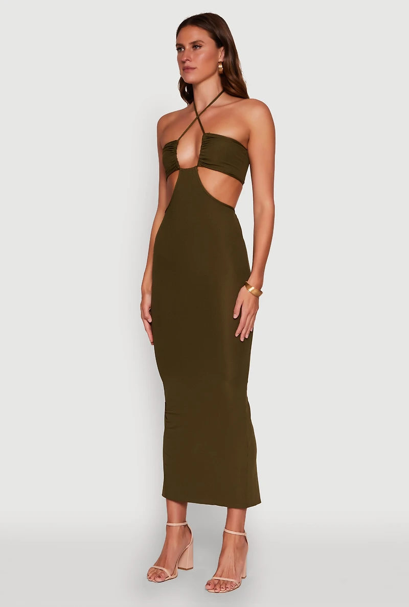Womens Stylish Ribbed Knit Keyhole Halter Sundress, Green, Size L