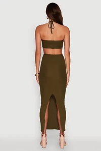 Womens Stylish Ribbed Knit Keyhole Halter Sundress, Green, Size L