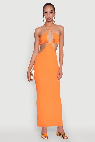 Womens Stylish Ribbed Knit Keyhole Halter Sundress, Orange, Size M