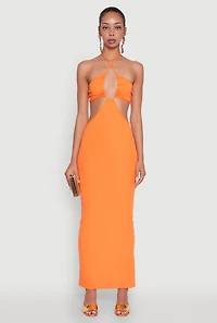 Womens Stylish Ribbed Knit Keyhole Halter Sundress, Orange, Size M