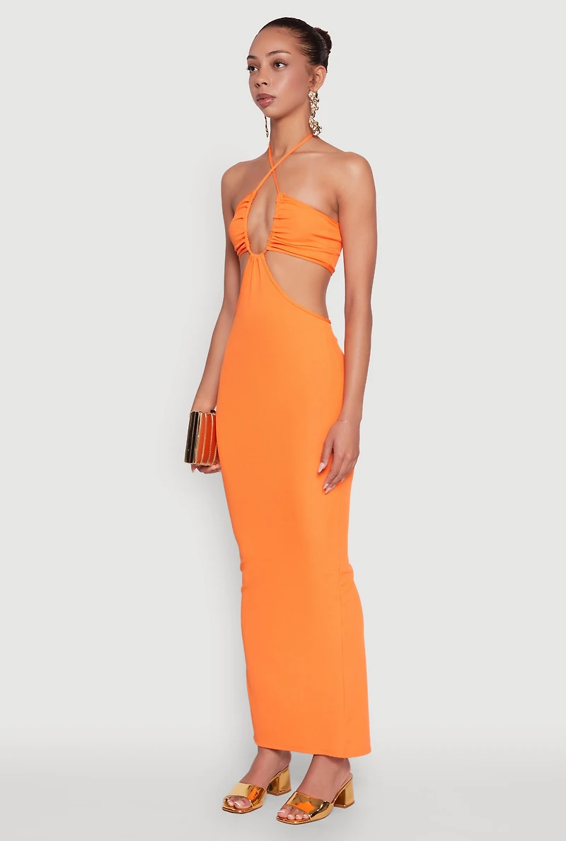 Womens Stylish Ribbed Knit Keyhole Halter Sundress, Orange, Size L