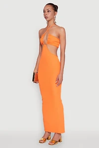 Womens Stylish Ribbed Knit Keyhole Halter Sundress, Orange, Size L