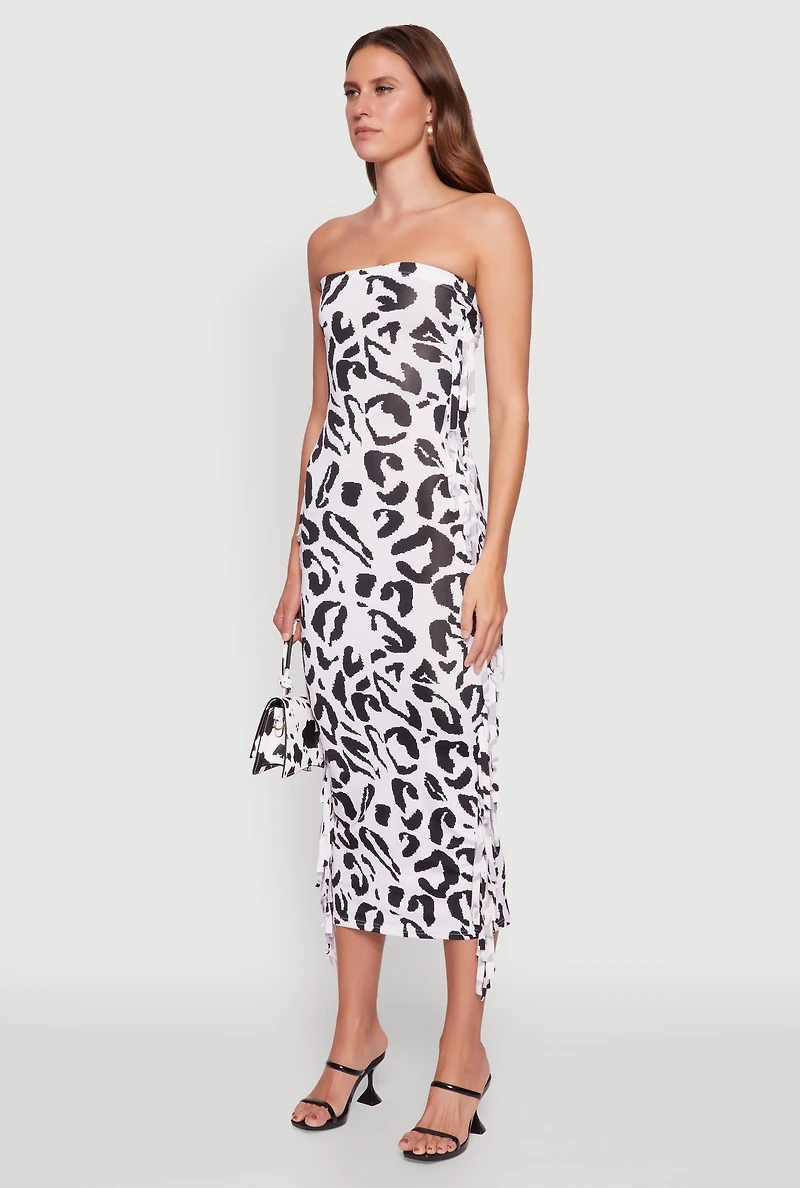 Womens Side Fringe Animal Print Tube Dress, Multi, Size M