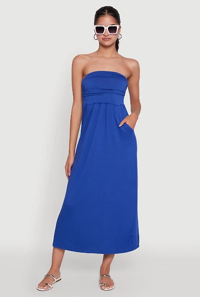 Womens Chic Soft Knit Ruched Midi Tube Dress, Blue, Size L