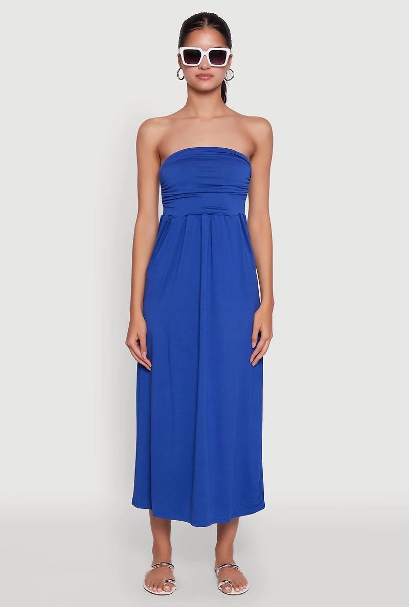 Womens Chic Soft Knit Ruched Midi Tube Dress, Blue, Size L