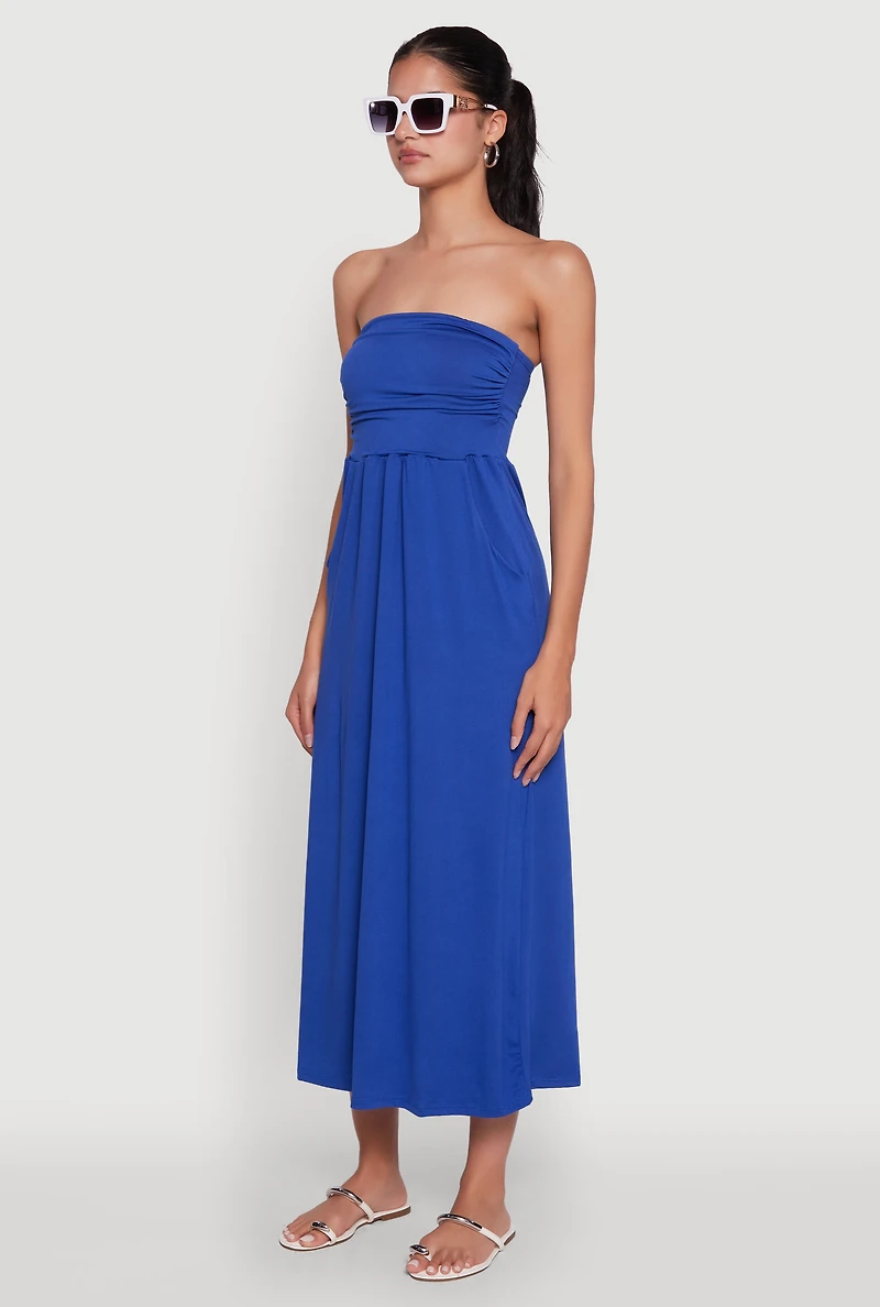 Womens Chic Soft Knit Ruched Midi Tube Dress, Blue,