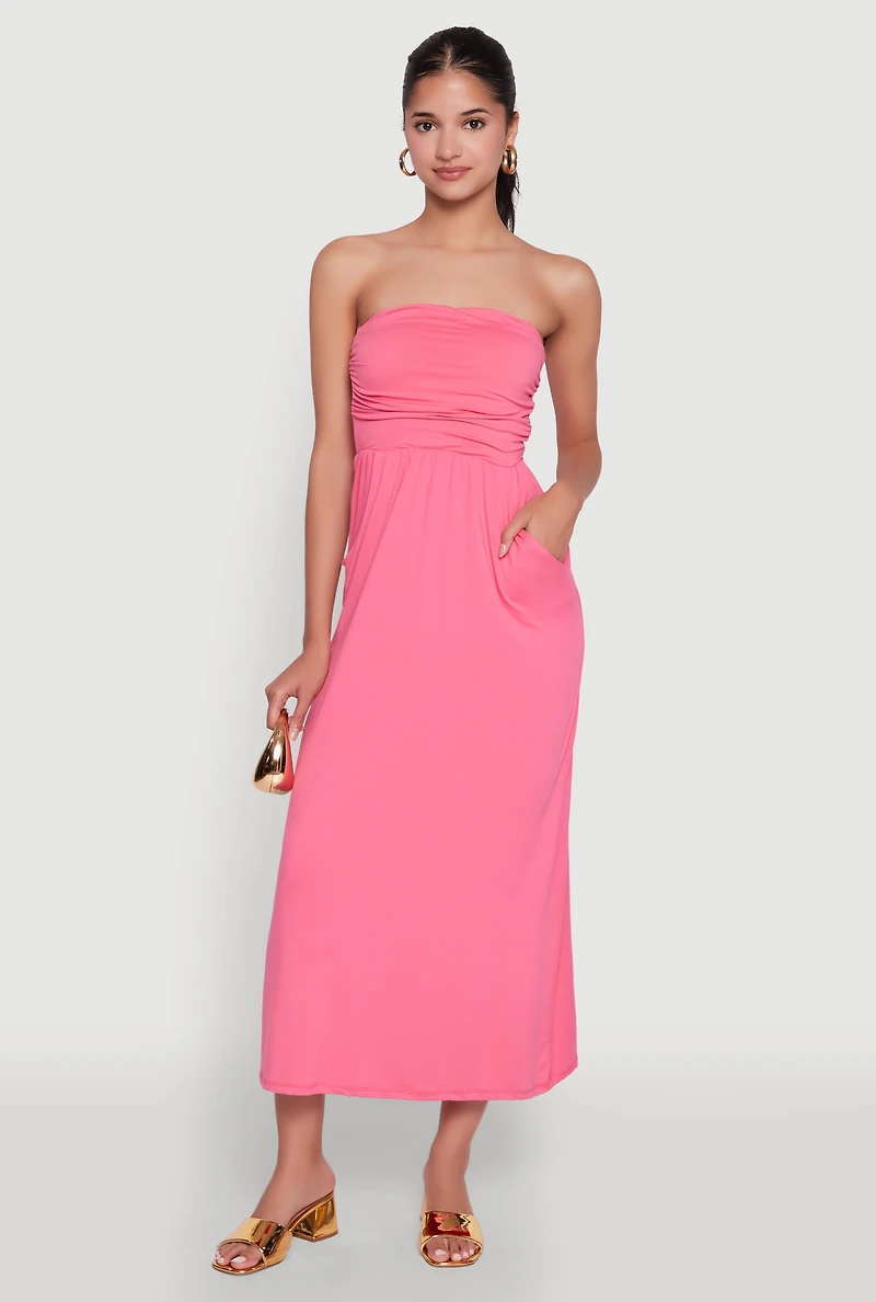 Womens Chic Soft Knit Ruched Midi Tube Dress, Pink, Size L