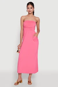 Womens Chic Soft Knit Ruched Midi Tube Dress, Pink, Size L