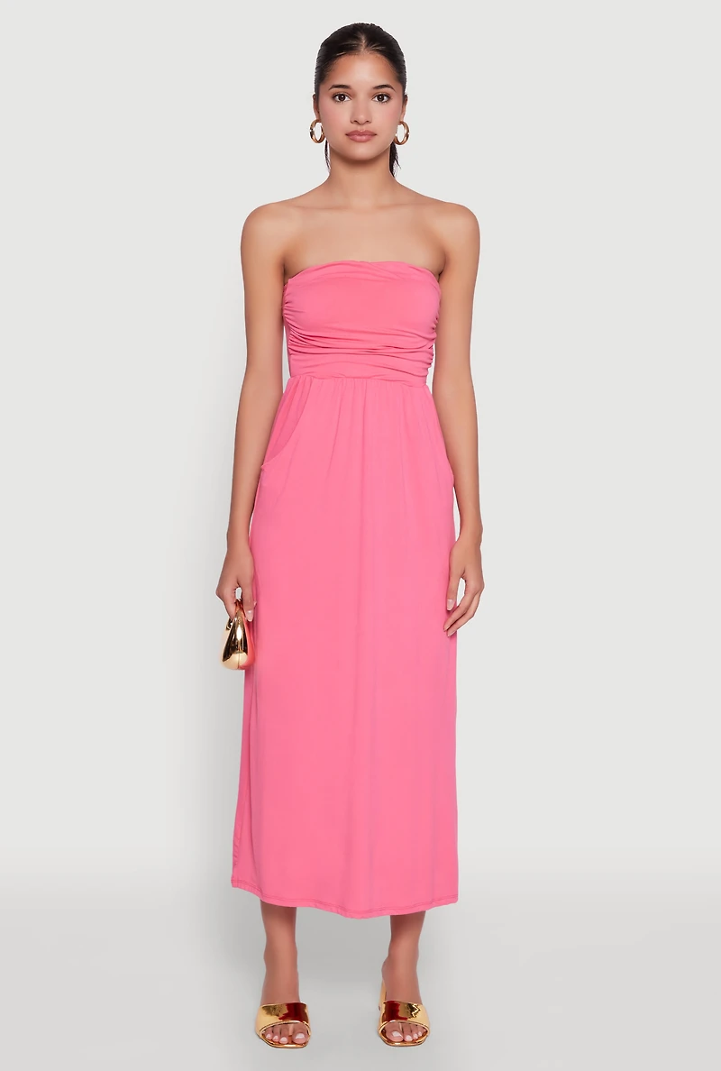 Womens Chic Soft Knit Ruched Midi Tube Dress, Pink, Size L