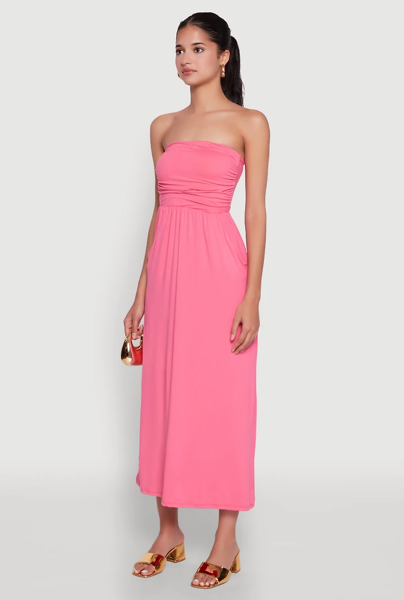 Womens Chic Soft Knit Ruched Midi Tube Dress, Pink, Size L