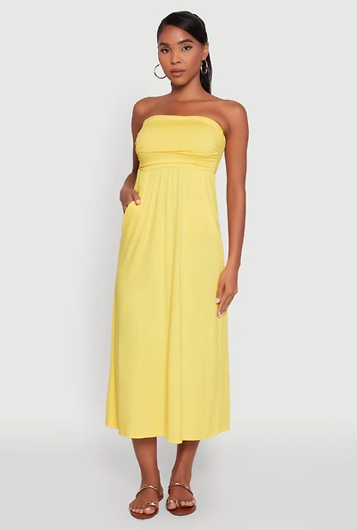 Womens Chic Soft Knit Ruched Midi Tube Dress, Yellow, Size M