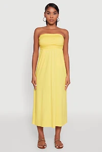 Womens Chic Soft Knit Ruched Midi Tube Dress, Yellow, Size M