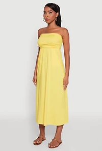 Womens Chic Soft Knit Ruched Midi Tube Dress, Yellow, Size M