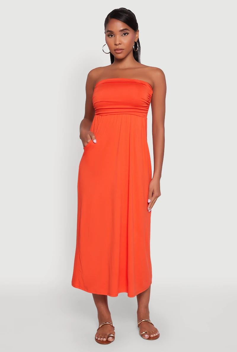 Womens Chic Soft Knit Ruched Midi Tube Dress,