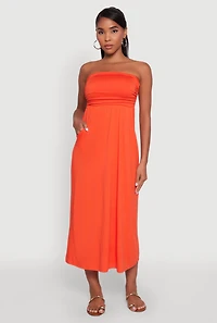 Womens Chic Soft Knit Ruched Midi Tube Dress,