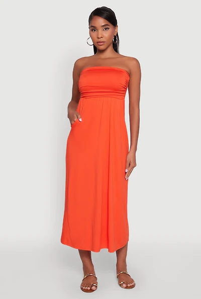 Womens Chic Soft Knit Ruched Midi Tube Dress, Orange, Size S