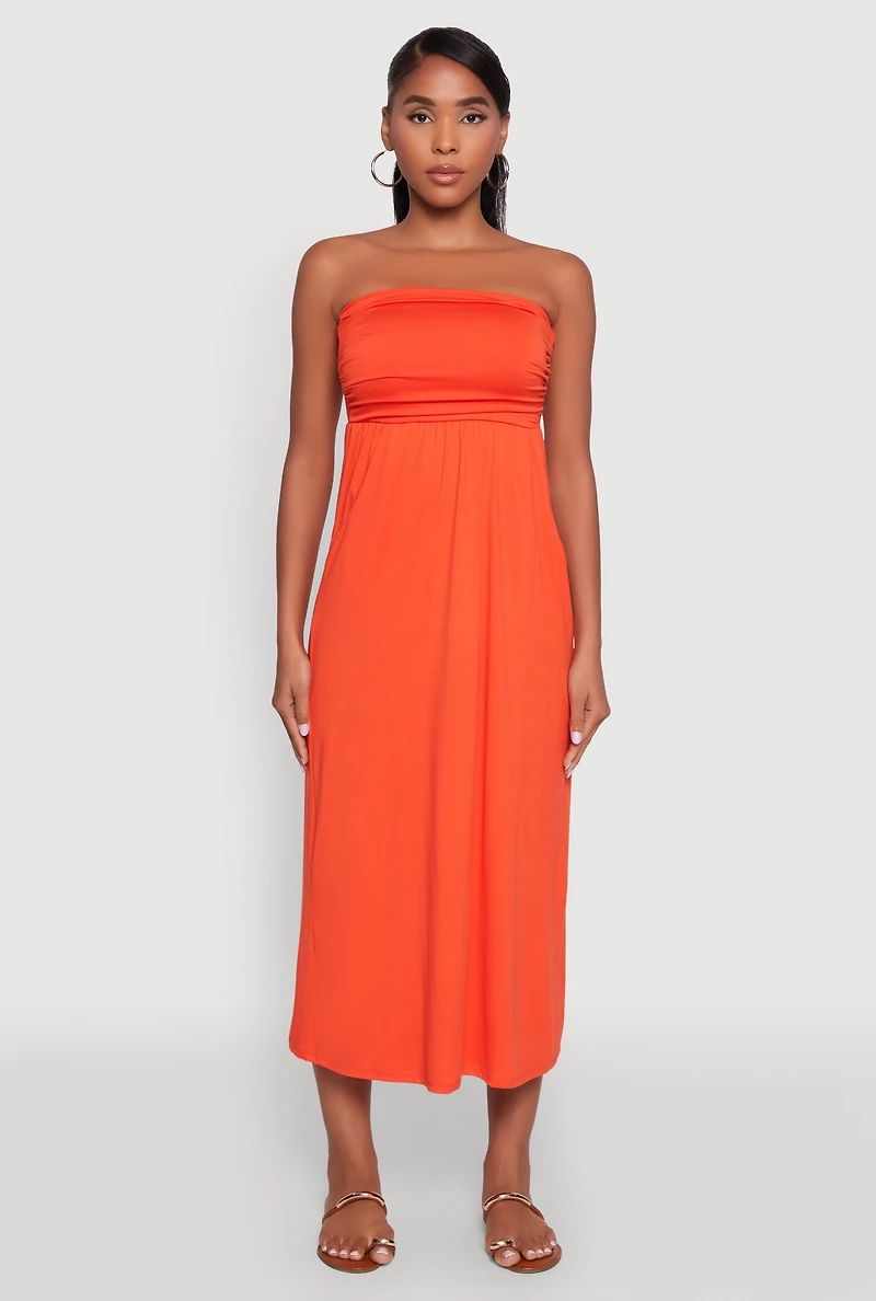 Womens Chic Soft Knit Ruched Midi Tube Dress, Orange, Size S