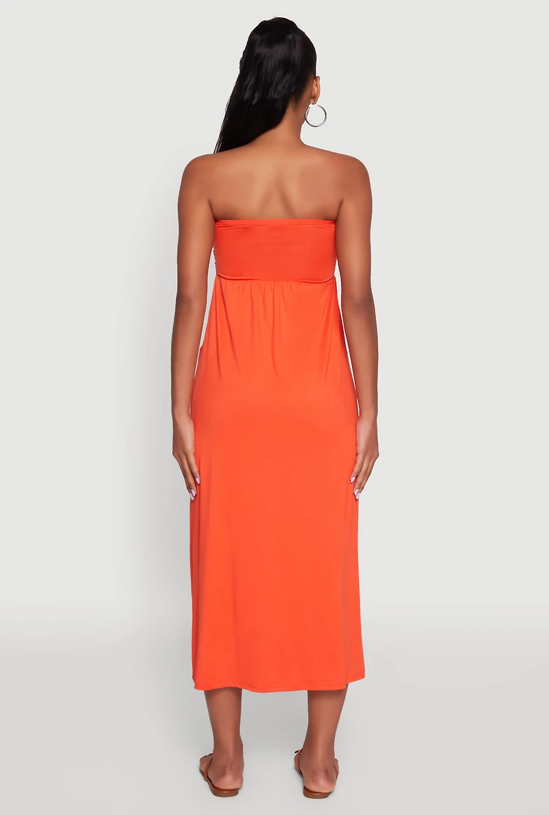 Womens Chic Soft Knit Ruched Midi Tube Dress, Orange, Size S