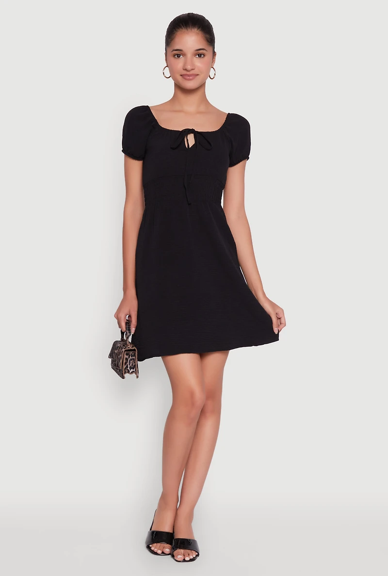 Womens Crepe Knit Puff Sleeve Peasant Dress, L