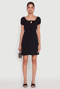 Womens Crepe Knit Puff Sleeve Peasant Dress, Black, Size S