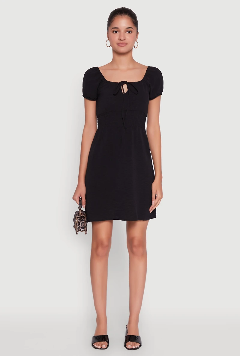 Womens Crepe Knit Puff Sleeve Peasant Dress, Black, Size XL