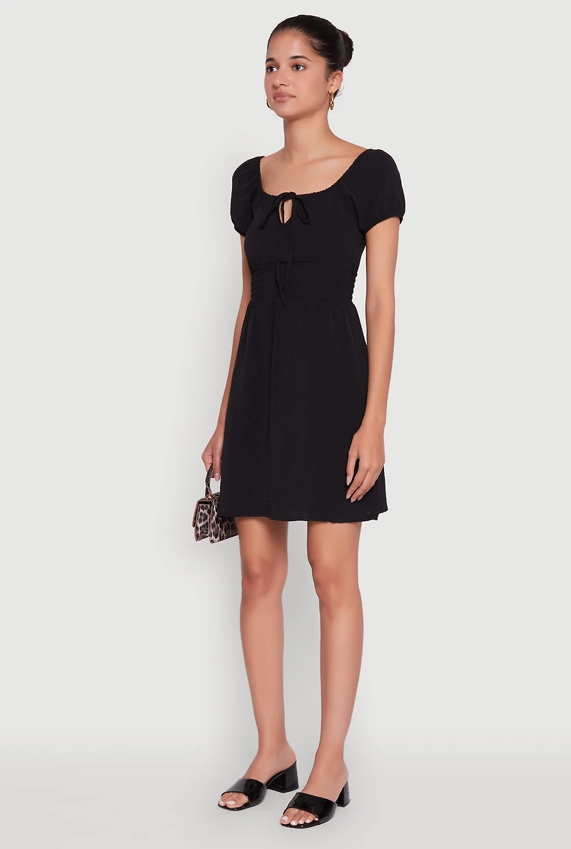 Womens Crepe Knit Puff Sleeve Peasant Dress, Black, Size S