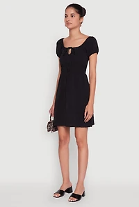 Womens Crepe Knit Puff Sleeve Peasant Dress, Black, Size XL