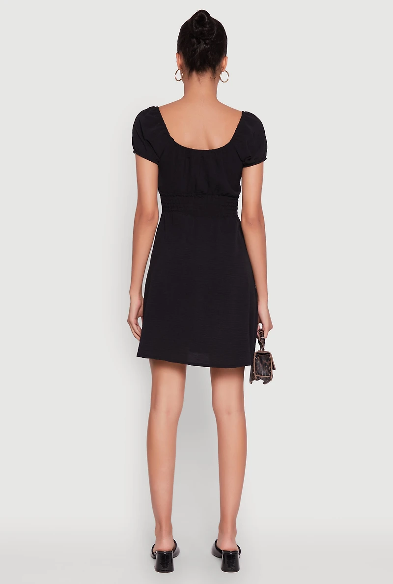 Womens Crepe Knit Puff Sleeve Peasant Dress, L