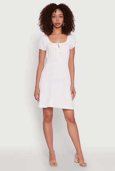 Womens Crepe Knit Puff Sleeve Peasant Dress, White,